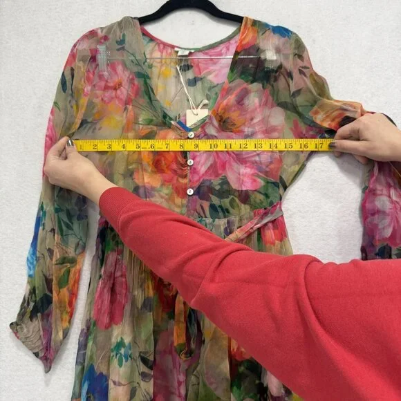 Sundance Dress Womens XS Multicolor Floral Maxi Sheer Button Front Tie Waist - Picture 6 of 8
